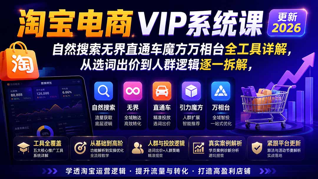 淘宝电商VIP系统课-更新8月；自然搜索无界直通车魔方万相台全工具详解，从选词出价到人群逻辑逐一拆解 - 中创网