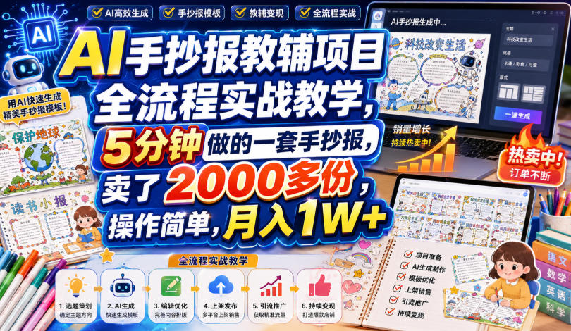AI手抄报教辅项目全流程实战教学，5分钟做的一套手抄报，卖了2000多份，操作简单，月入1W+-紫橙网创项目网