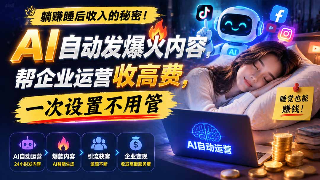 躺赚睡后收入的秘密!AI 自动发爆火内容,帮企业运营收高费,一次设置不用管【原创双语字幕】-紫橙网创项目网