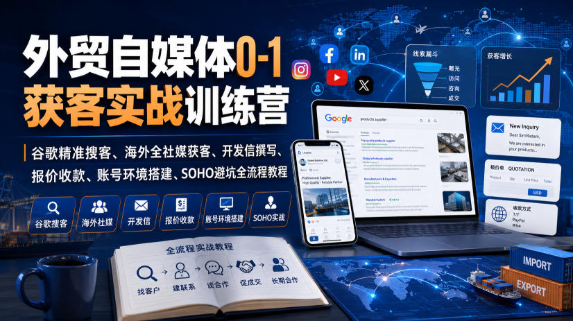 外贸自媒体0-1获客实战训练营|谷歌精准搜客、海外全社媒获客、开发信撰写、报价收款、账号环境搭建、SOHO避坑全流程教程-紫橙网创项目网