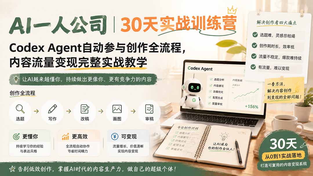 AI一人公司｜30天实战训练营；Codex Agent自动参与创作全流程，内容流量变现完整实战教学-紫橙网创项目网