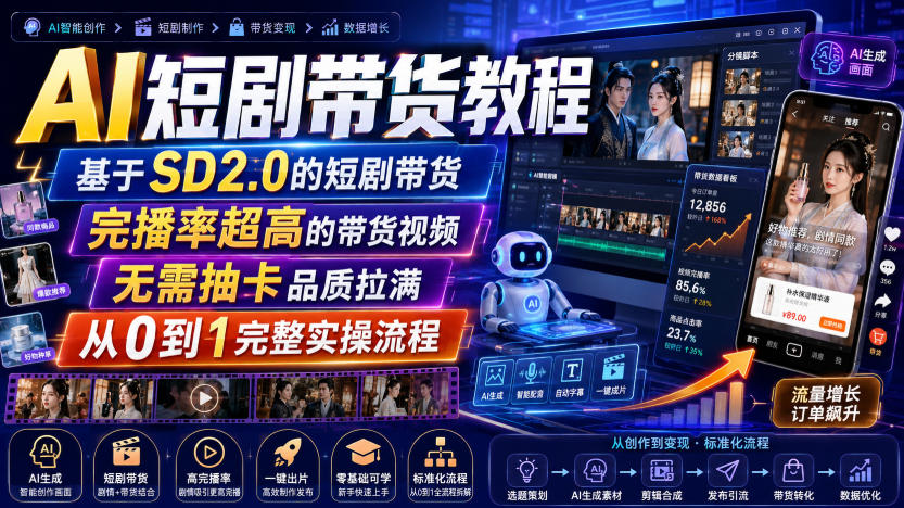 AI短剧带货教程，基于SD2.0的短剧带货，完播率超高的带货视频，无需抽卡品质拉满，从0到1完整实操流程-紫橙网创项目网