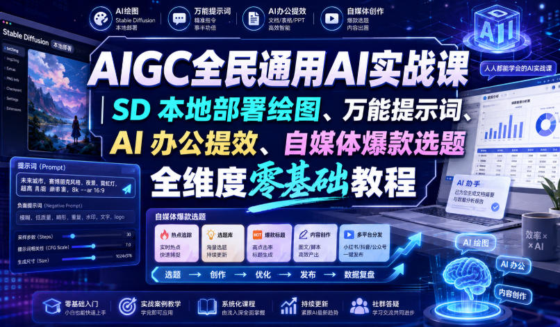 AIGC全民通用AI实战课|SD本地部署绘图、万能提示词、AI办公提效、自媒体爆款选题全维度零基础教程-紫橙网创项目网