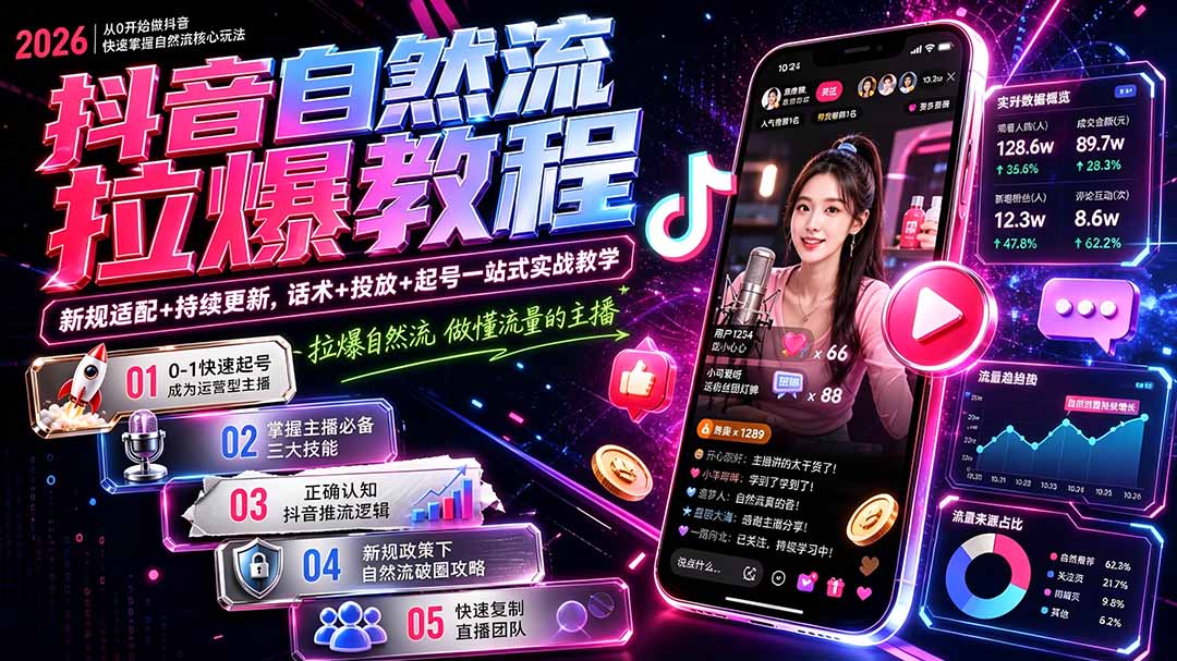 抖音自然流拉爆教程-更新8月:做懂流量的主播,新规适配+持续更新,话术+投放+起号一站式实战教学-紫橙网创项目网