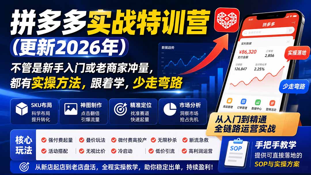 拼多多实战特训营(更新2026年)：不管是新手入门或老商家冲量，都有实操方法，跟着学，少走弯路