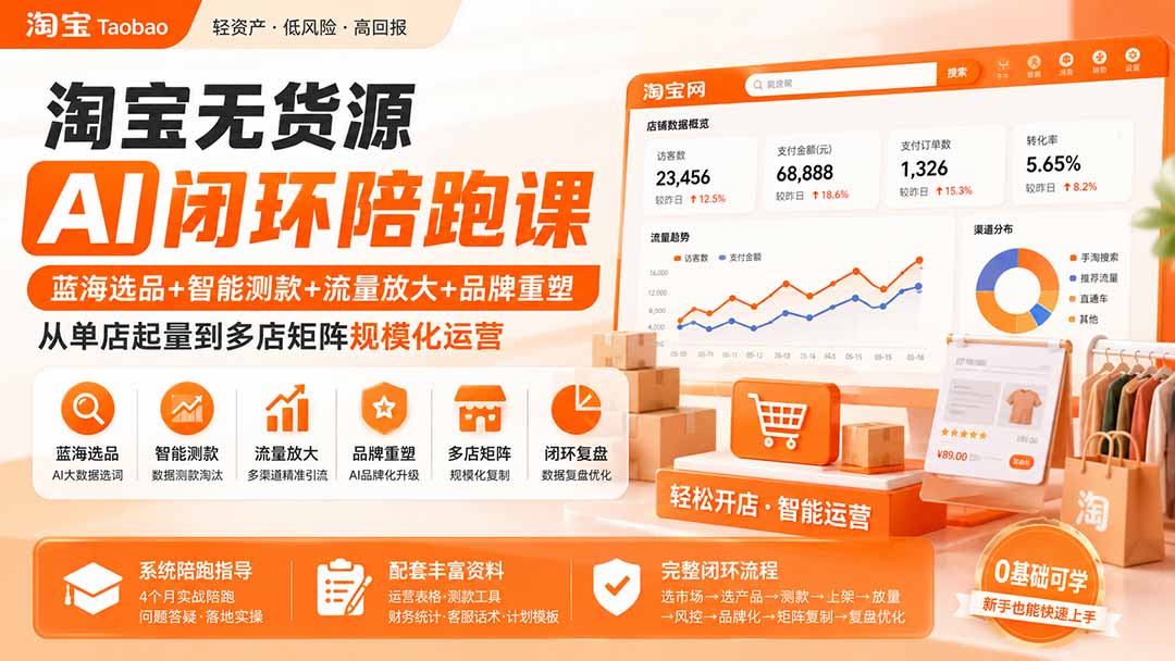 淘宝无货源AI闭环陪跑课:蓝海选品+智能测款+流量放大+品牌重塑,从单店起量到多店矩阵规模化运营-紫橙网创项目网