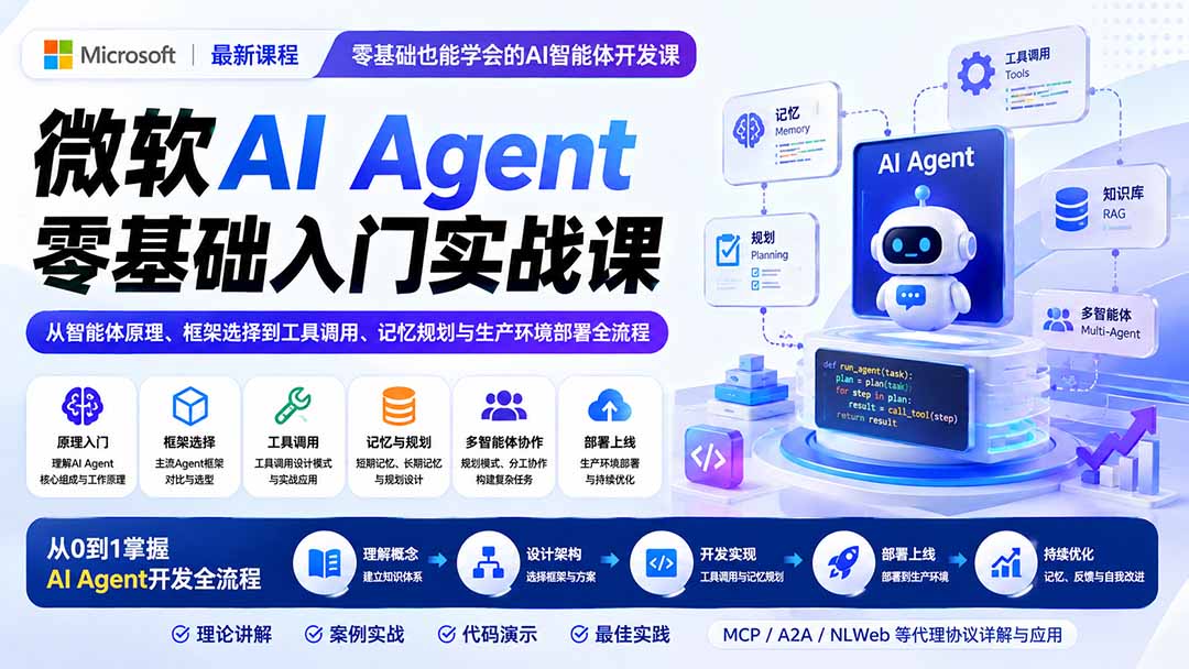 微软AI Agent零基础入门实战课：从智能体原理、框架选择到工具调用、记忆规划与生产环境部署全流程 - 中创网