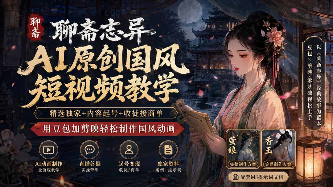 聊斋志异AI原创国风短视频教学-更新;精选独家+内容起号+收徒接商单,用豆包加剪映轻松制作国风动画-紫橙网创项目网