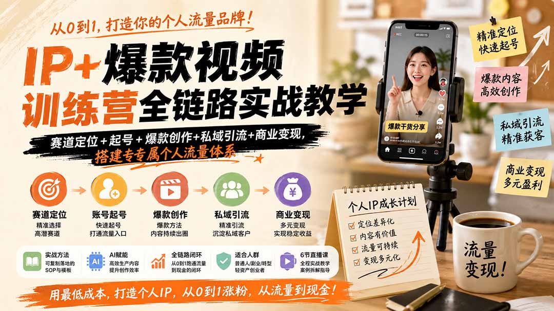 IP+爆款视频训练营全链路实战教学-更新;赛道定位+起号+爆款创作+私域引流+商业变现,搭建专属个人流量体系-紫橙网创项目网