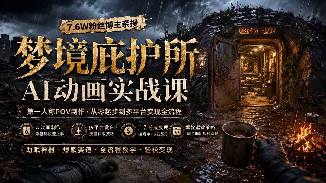 梦境庇护所AI动画实战课:7.6W粉丝博主亲授第一人称POV制作,从零起步到多平台发布变现全流程-紫橙网创项目网