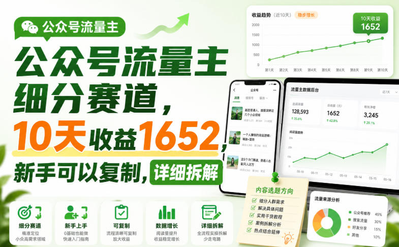 公众号流量主细分赛道,10天收益1652,新手可以复制,详细拆解-紫橙网创项目网