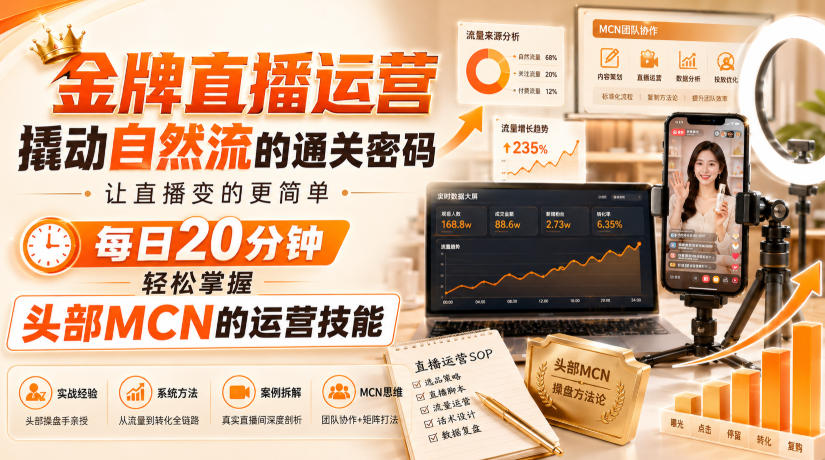 金牌直播运营撬动自然流的通关密码，让直播变的更简单，每日20分钟，轻松掌握头部MCN的运营技能-紫橙网创项目网