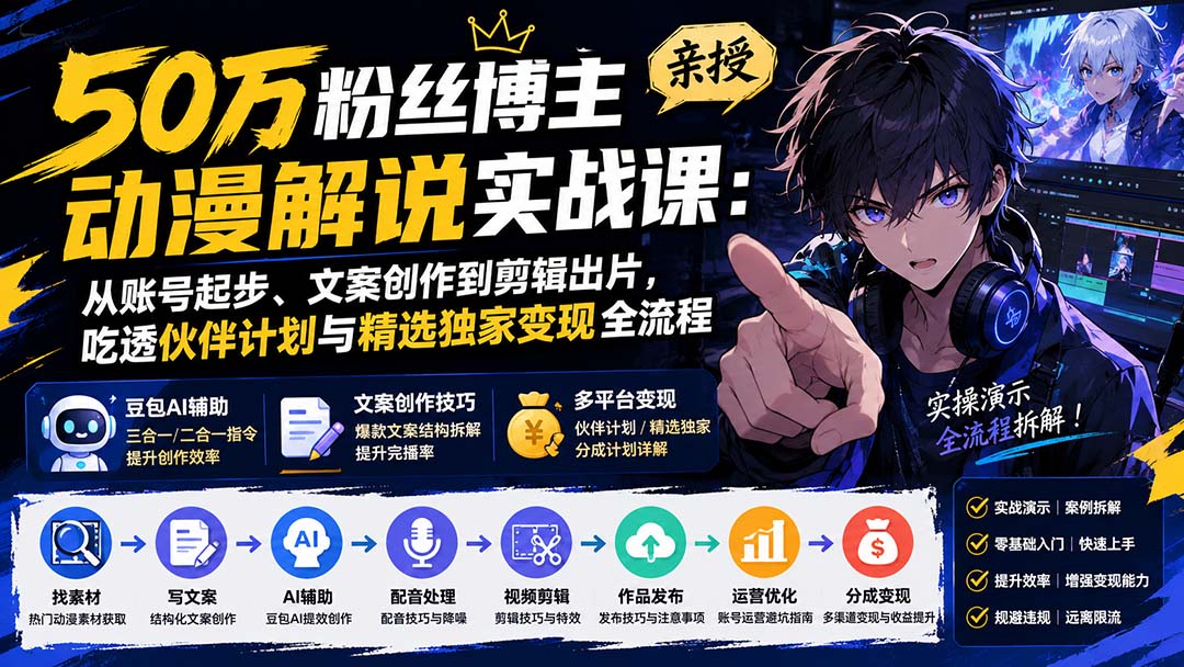 50万粉丝博主亲授动漫解说实战课:从账号起步、文案创作到剪辑出片,吃透伙伴计划与精选独家变现全流程-紫橙网创项目网