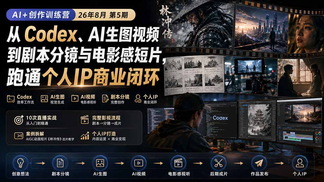 AI+创作训练营26年8月第5期：从Codex、AI生图视频到剧本分镜与电影感短片，跑通个人IP商业闭环-紫橙网创项目网