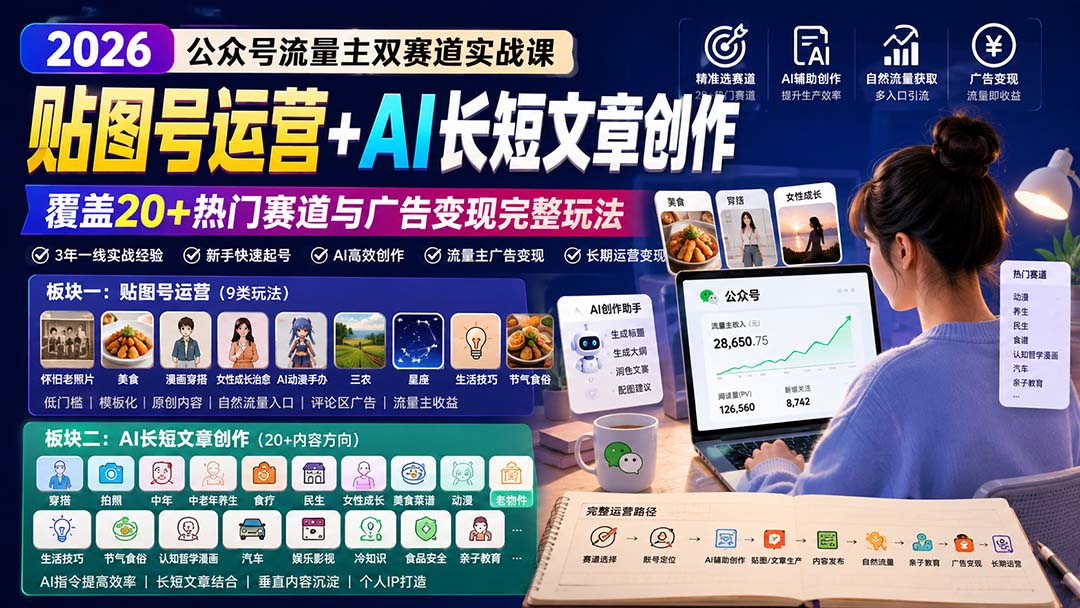 公众号流量主双赛道实战课:贴图号运营+AI长短文章创作,覆盖20+热门赛道与广告变现完整玩法-紫橙网创项目网