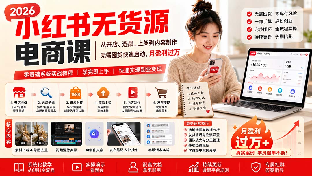 小红书无货源电商课(8月30更新):从开店、选品、上架到内容制作,无需囤货快速启动,月盈利过万-紫橙网创项目网