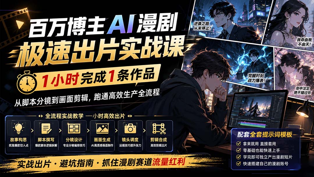 百万博主AI漫剧极速出片实战课：1小时产出条作品，从脚本分镜到画面剪辑，跑通高效生产全流程-紫橙网创项目网