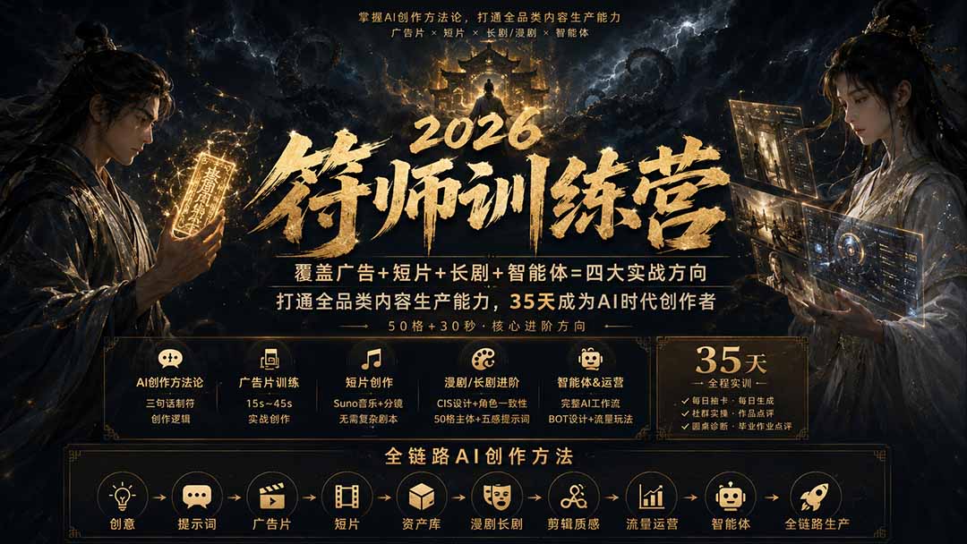 符师训练营-35天成为AI时代创作者,广告+短片+漫剧+智能体四大实战方向,掌握从创意到上线的完整工作流-紫橙网创项目网