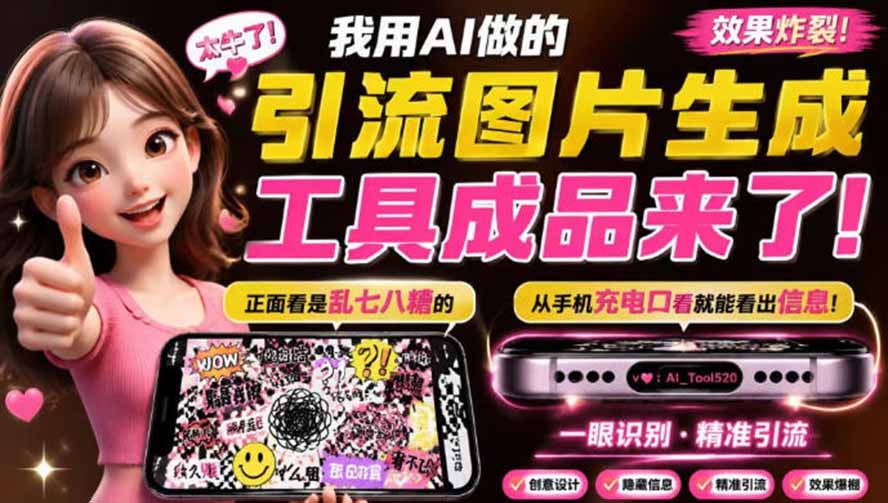 自媒体引流工具来了，把你的微信藏到图片中，正面看是乱七八糟的乱码，手机平躺从充电口看就能看出实际内容-紫橙网创项目网