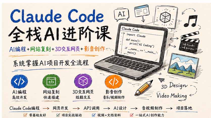 Claude Code全栈AI进阶课-更新；AI编程+网站复刻+3D交互网页+影音创作，系统掌握AI项目开发全流程-紫橙网创项目网