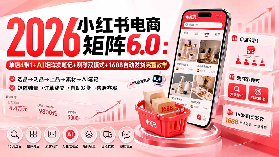 2026小红书电商矩阵6.0:单店4带1+AI矩阵发笔记+测怼双模式+1688自动发货完整教学-紫橙网创项目网