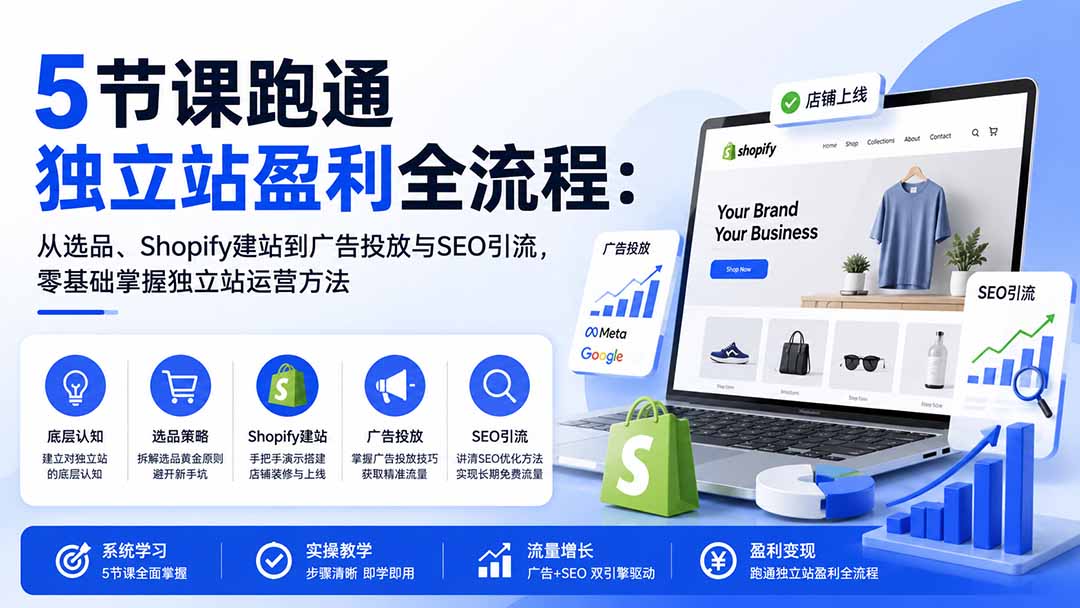 5节课跑通独立站盈利全流程:从选品、Shopify建站到广告投放与SEO引流,零基础掌握独立站运营方法-紫橙网创项目网