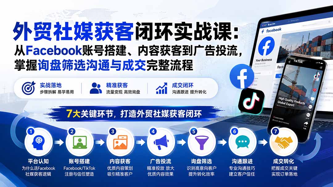 外贸社媒获客闭环实战课:从Facebook账号搭建、内容获客到广告投流,掌握询盘筛选沟通与成交完整流程-紫橙网创项目网