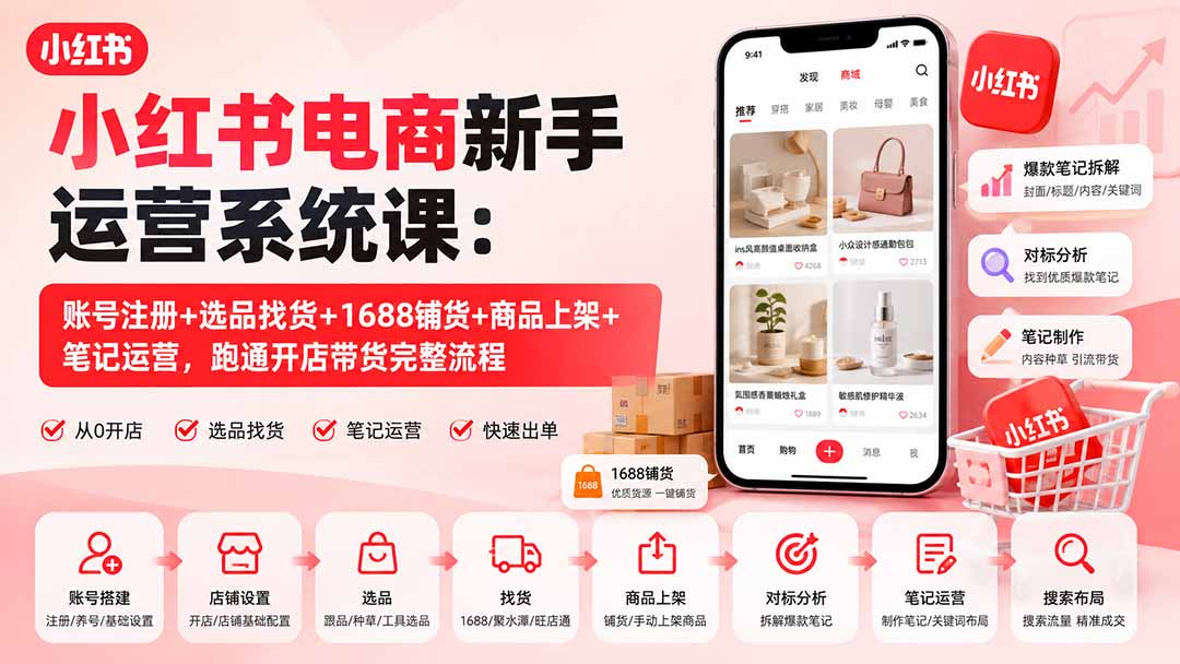 小红书电商新手运营系统课:账号注册+选品找货+1688铺货+商品上架+笔记运营,跑通开店带货完整流程-紫橙网创项目网