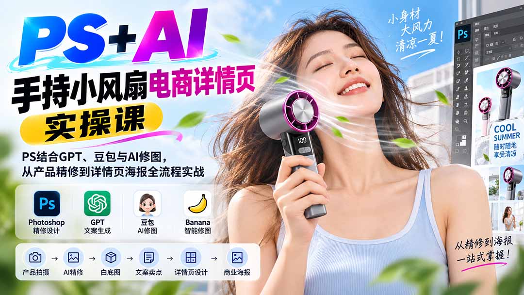 PS+AI手持小风扇电商详情页实操课:PS结合GPT、豆包与AI修图,从产品精修到详情页海报全流程实战-紫橙网创项目网