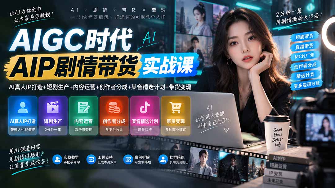 AIGC时代AI剧情带货实战课｜AI真人IP打造+短剧生产+内容运营+创作者分成、某音精选计划+带货变现-紫橙网创项目网