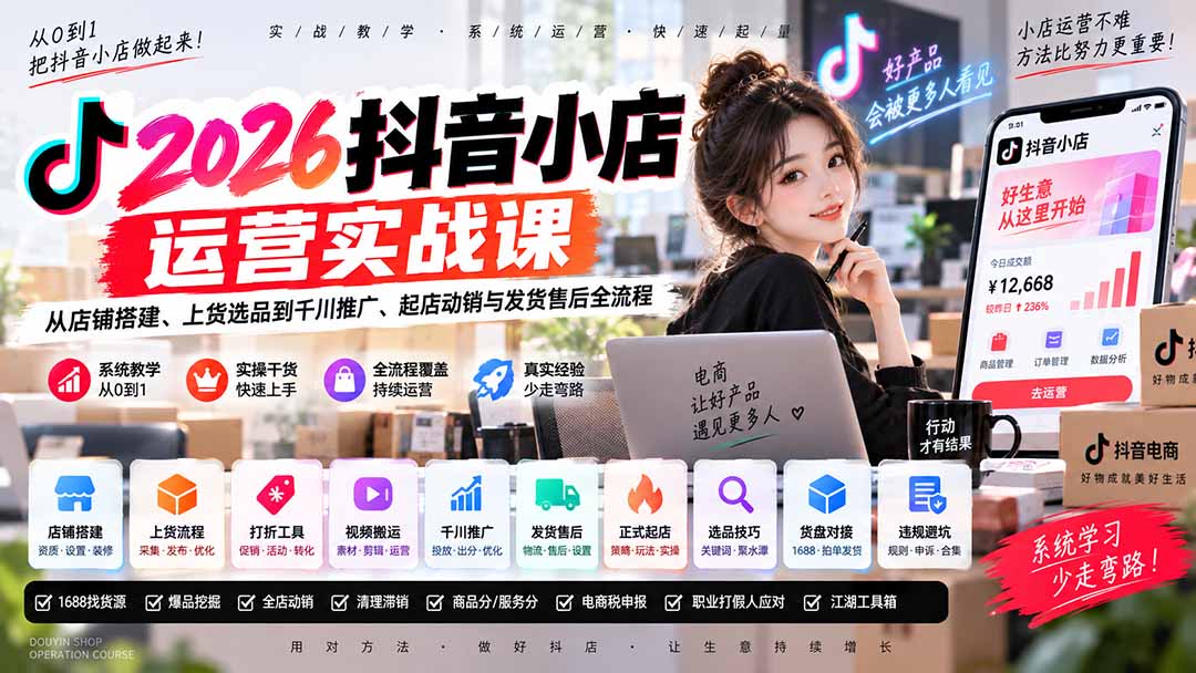 2026抖音小店运营实战课|从店铺搭建、上货选品到千川推广、起店动销与发货售后全流程-紫橙网创项目网