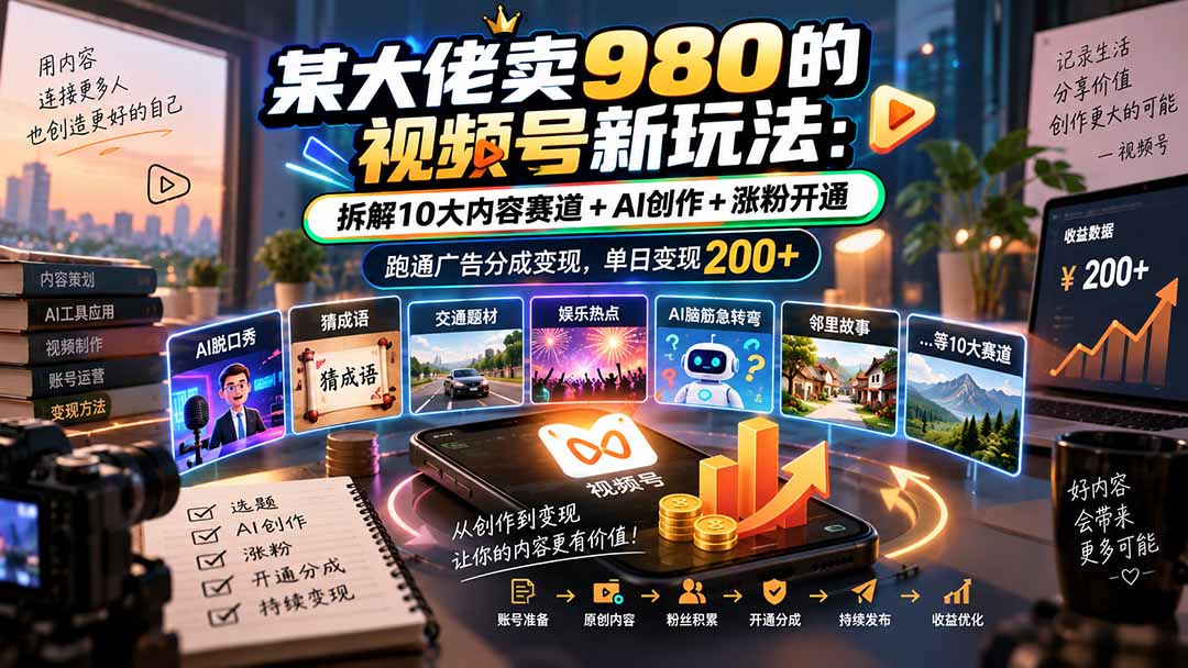 某大佬卖980的视频号新玩法:拆解10大内容赛道+AI创作+涨粉开通,跑通广告分成变现,单日变现200+-紫橙网创项目网
