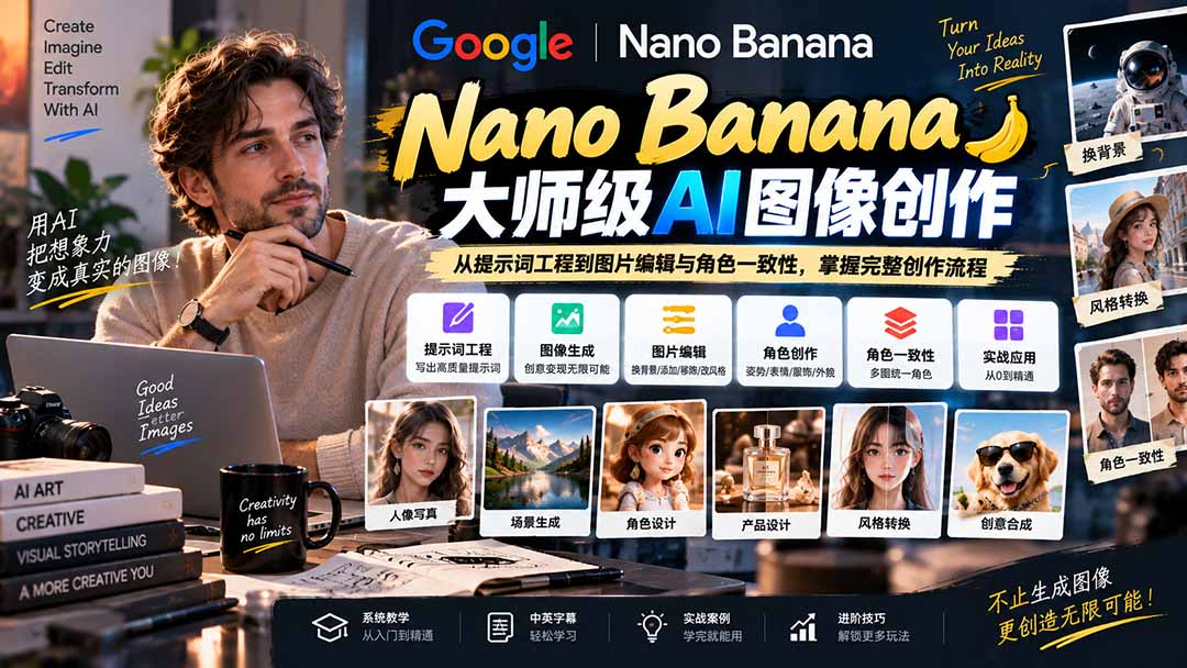 【无水印】Nano Banana大师级AI图像实战课：从提示词工程到图片编辑与角色一致性，掌握完整创作流程-紫橙网创项目网
