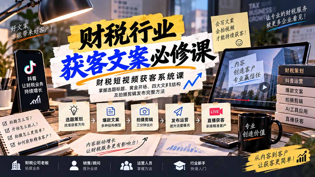 财税短视频获客系统课：掌握选题标题、黄金开场、四大文案结构及拍摄剪辑发布完整方法-紫橙网创项目网