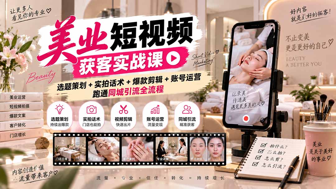 美业短视频获客实战课-无水印：选题策划+实拍话术+爆款剪辑+账号运营，跑通同城引流全流程-紫橙网创项目网