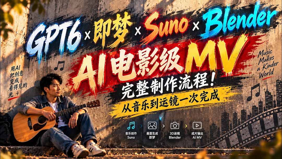 GPT6×即梦×Suno×Blender｜AI电影级MV完整制作流程！从音乐到运镜一次完成 (无水印)-紫橙网创项目网