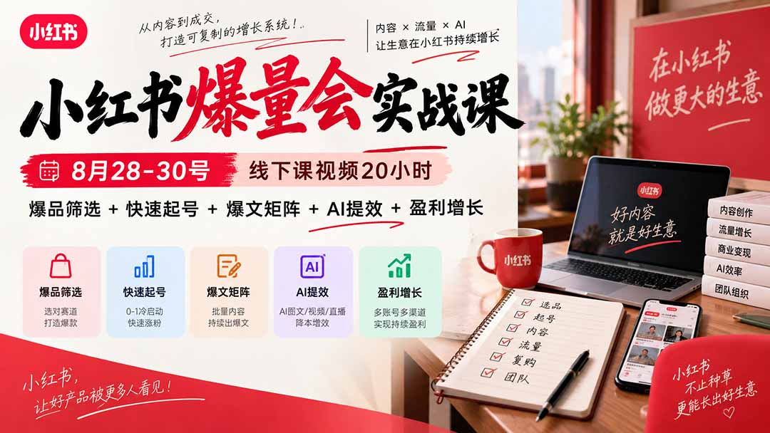 小红书爆量会实战课-更新9月23：线下课视频20小时，爆品筛选+快速起号+爆文矩阵+AI提效+盈利增长-紫橙网创项目网