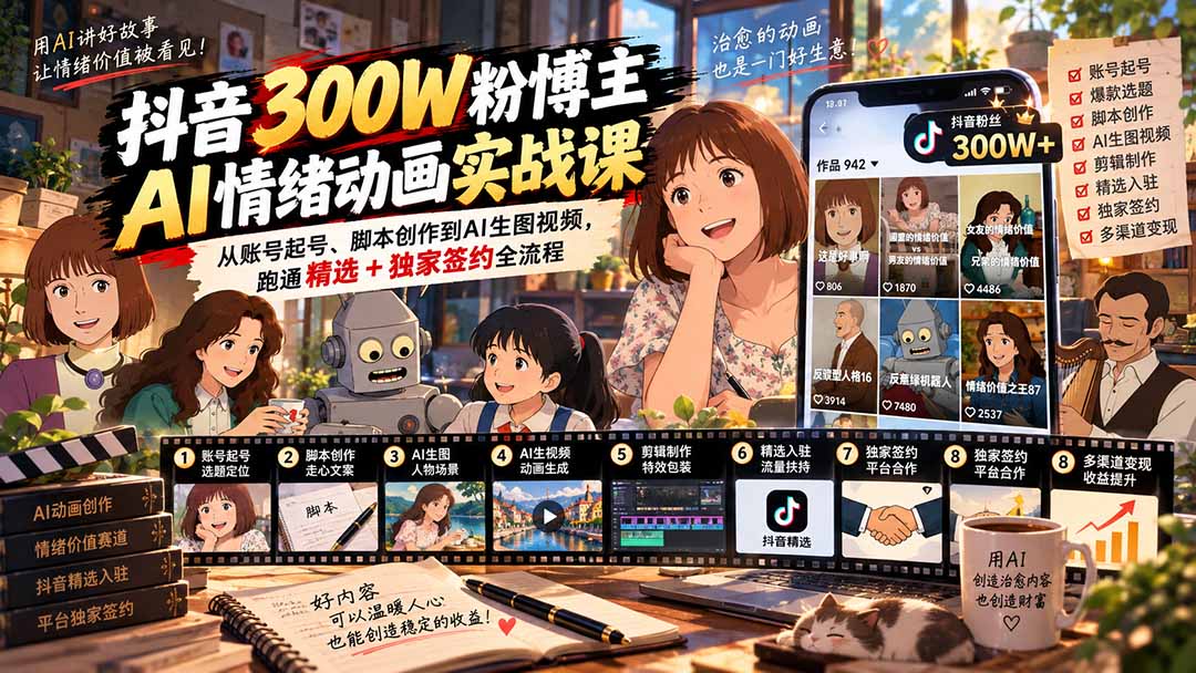 抖音300W粉博主AI情绪动画实战课：从账号起号、脚本创作到AI生图视频，跑通精选+独家签约全流程-紫橙网创项目网