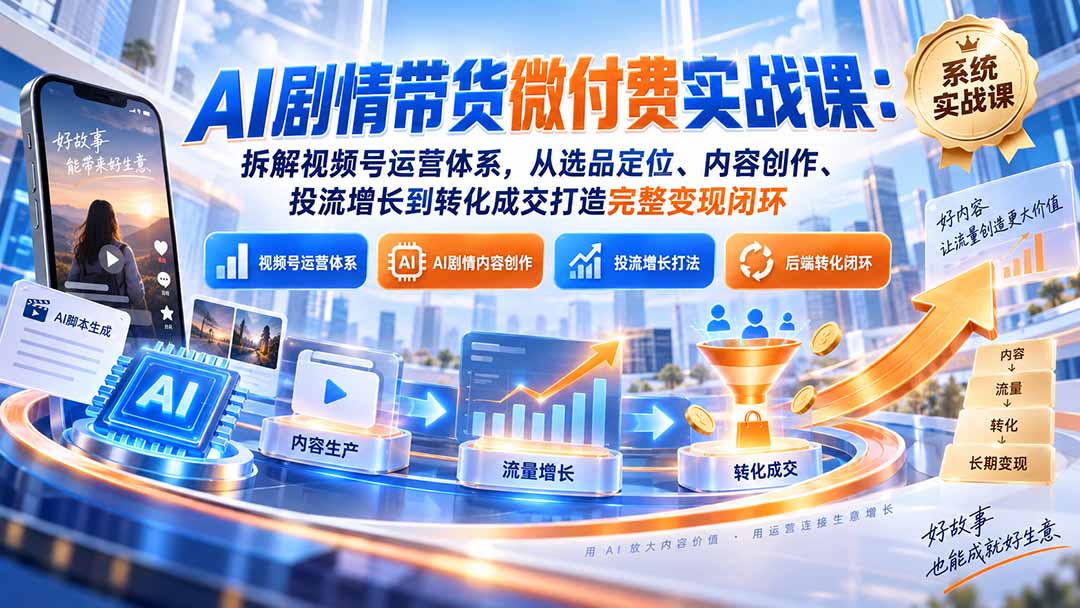 AI剧情带货微付费实战课：拆解视频号运营体系，从选品定位、内容创作、投流增长到转化成交打造完整变现闭环-紫橙网创项目网