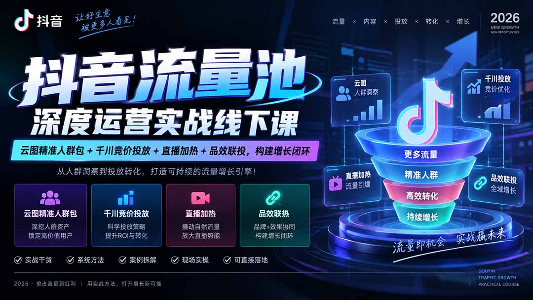 抖音流量池深度运营实战线下课｜云图精准人群包+千川竞价投放+直播加热+品效联投，构建增长闭环-紫橙网创项目网