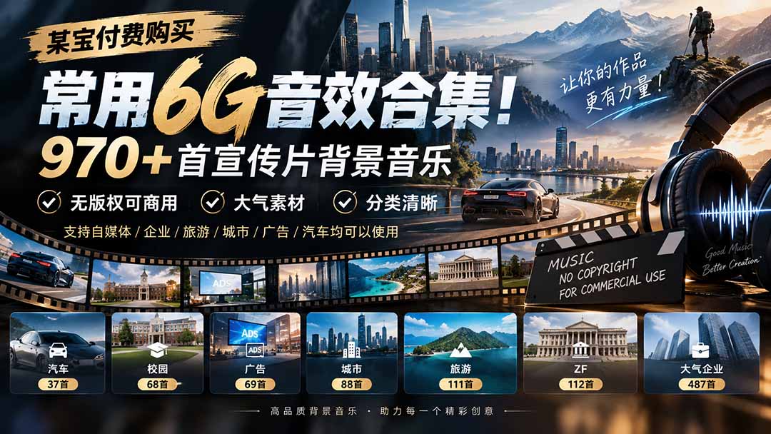 某宝付费购买，常用6G音效合集！970+首宣传片背景音乐，无版权可商用大气素材，分类清晰-紫橙网创项目网
