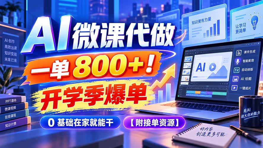 AI 微课代做，一单 800+！开学季爆单，0 基础在家就能干【附接单资源】-紫橙网创项目网