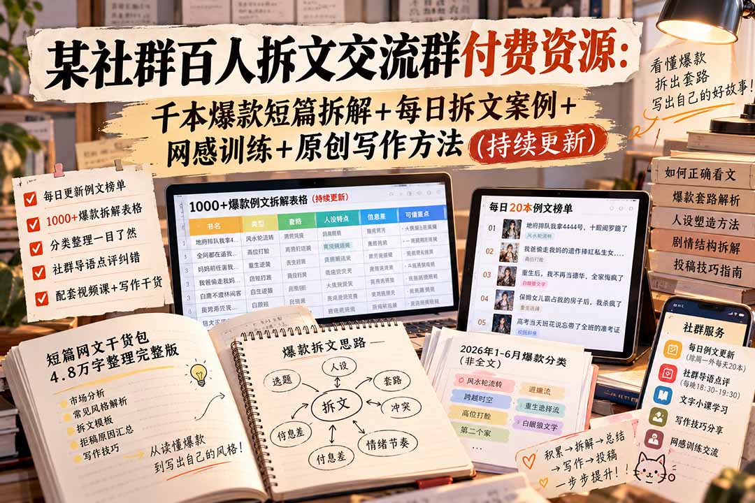 某社群百人拆文交流群付费资源：千本爆款短篇拆解+每日拆文案例+网感训练+原创写作方法 (持续更新)-紫橙网创项目网