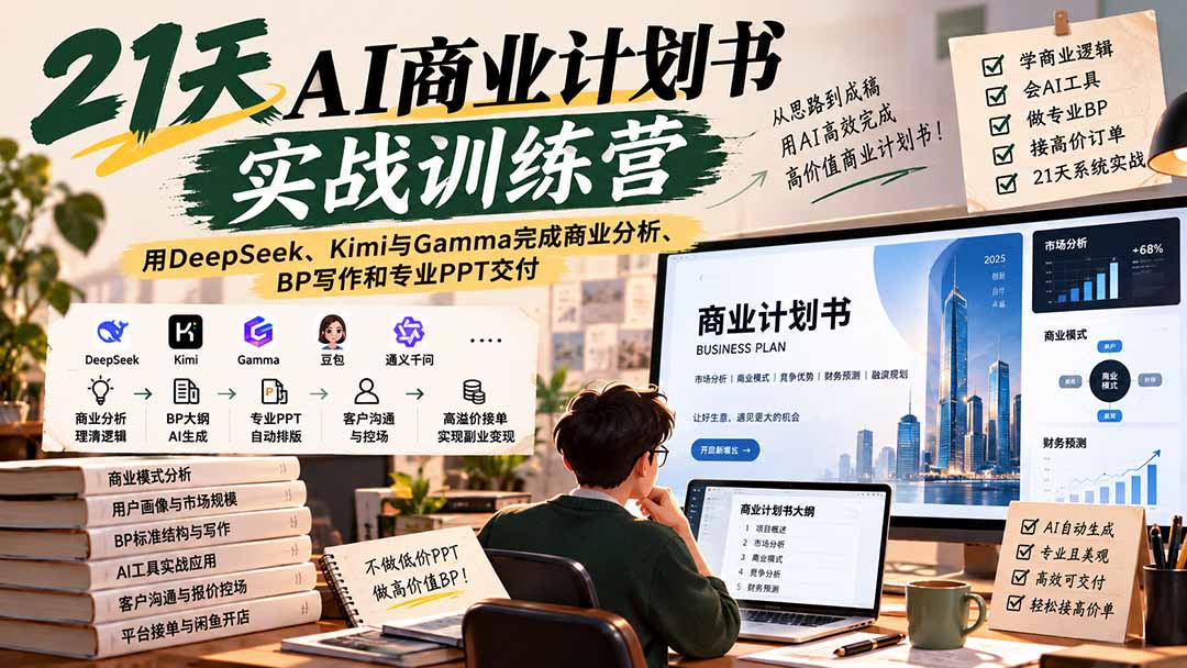 【无水印】21天AI商业计划书实战训练营：用DeepSeek、Kimi与Gamma完成商业分析、BP写作和专业PPT交付-紫橙网创项目网