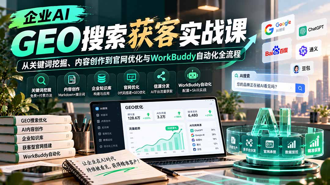 企业AI GEO搜索获客实战课：从关键词挖掘、内容创作到官网优化与WorkBuddy自动化全流程-紫橙网创项目网