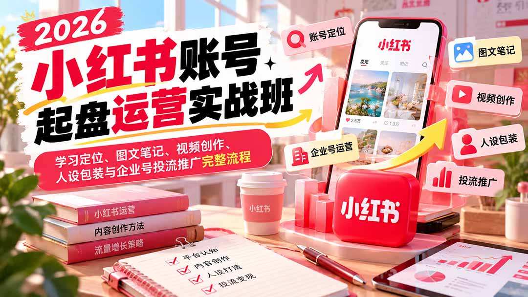 2026小红书账号起盘运营实战班：学习定位、图文笔记、视频创作、人设包装与企业号投流推广完整流程-紫橙网创项目网