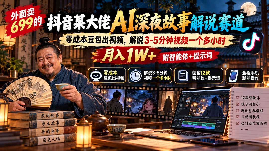 外面卖699的抖音某大佬AI深夜故事解说赛道：零成本豆包出视频，解说3-5分钟视频一个多小时，月入1W+附智能体+提示词-紫橙网创项目网