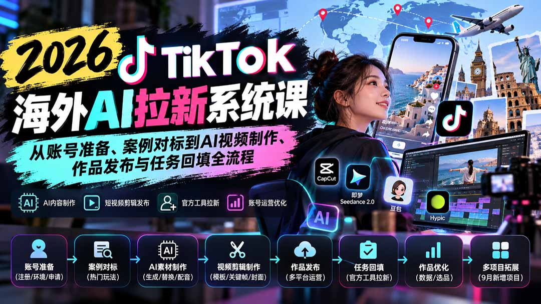 【无水印】2026 TikTok海外AI拉新系统课:从账号准备、案例对标到AI视频制作、作品发布与任务回填全流程-紫橙网创项目网