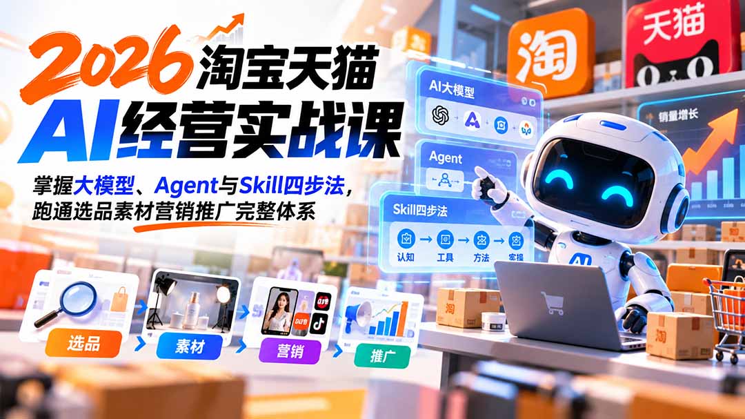 【无水印】2026淘宝天猫AI经营实战课:掌握大模型、Agent与Skill四步法,跑通选品素材营销推广完整体系-紫橙网创项目网