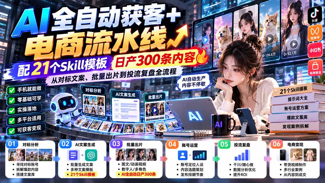 【无水印】AI全自动获客+电商流水线-更新0929：配21个Skill模板，日产300条内容，从对标文案、批量出片到投流全流程-紫橙网创项目网